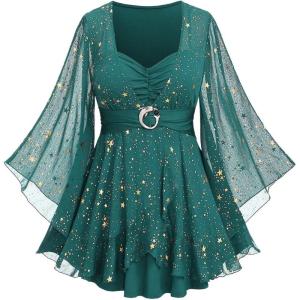 ROSE GAL Plus Size Womens Elegant Sparkly Gold Stamping Stars Print Long Flare Sleeve 2 in 1 Flowy Top(Green)