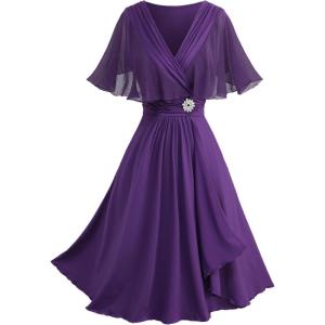 ROSE GAL Plus Size Womens Flowy Wedding Guest Cape Dress with Chiffon Overlay Elegant Shawl Neck Dress(Purple_1)