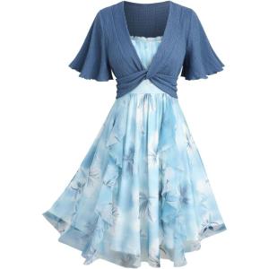ROSE GAL Plus Size Women’s Summer Floral Flowy Flutter Sleeves Sundress Flounce Twist Short Sleeves Dress(Blue_1)