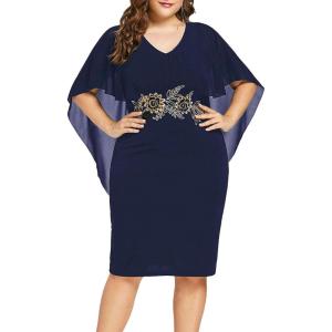 ROSE GAL Rosegal Plus Size Women Flower Applique Chiffon Overlay Bodycon Pencil Cape Dress for Wedding Cocktail Party Work(Deep Blue)