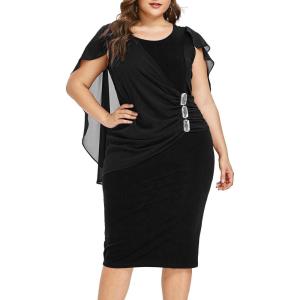 ROSE GAL Rosegal Plus Size Womens Chiffon Ruffle Bodycon Pencil Midi Sleeveless Cape Dress for Wedding Cocktail Party Work(Black)