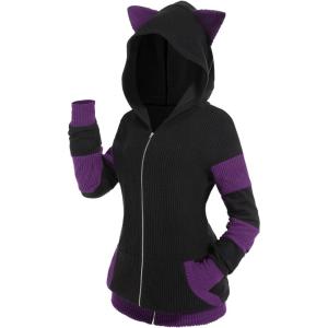 ROSE GAL Rosegal Women Plus Size Cat Ear Ribbed Hooded Blouson Jacket Animal Ear Two Tone Cute Hoodie(Black_2)