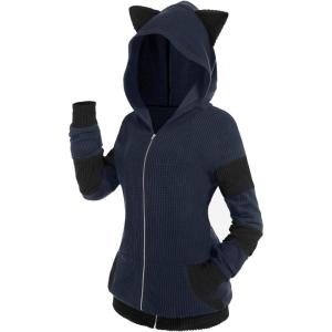 ROSE GAL Rosegal Women Plus Size Cat Ear Ribbed Hooded Blouson Jacket Animal Ear Two Tone Cute Hoodie(Blue_3)