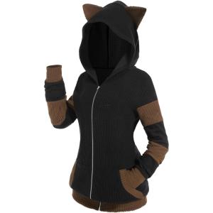 ROSE GAL Rosegal Women Plus Size Cat Ear Ribbed Hooded Blouson Jacket Animal Ear Two Tone Cute Hoodie(Coffee_1)