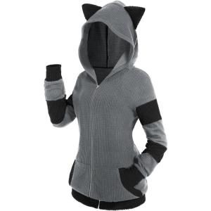 ROSE GAL Rosegal Women Plus Size Cat Ear Ribbed Hooded Blouson Jacket Animal Ear Two Tone Cute Hoodie(Gray_1)