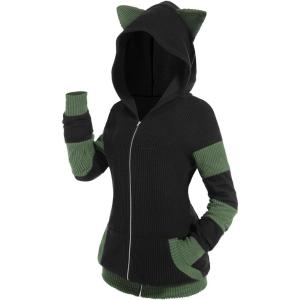 ROSE GAL Rosegal Women Plus Size Cat Ear Ribbed Hooded Blouson Jacket Animal Ear Two Tone Cute Hoodie(Green_1)