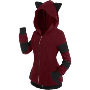 ROSE GAL Rosegal Women Plus Size Cat Ear Ribbed Hooded Blouson Jacket Animal Ear Two Tone Cute Hoodie(Red_1)