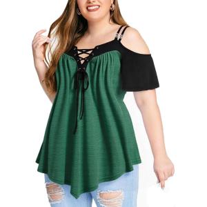 ROSE GAL Rosegal Women Plus Size Cold Shoulder Tee Lace-up Asymmetric Marled Short Sleeves Tee Open Shoulder Tunic Top(Green_2)