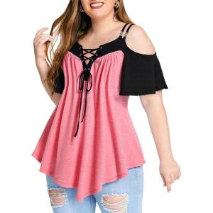 ROSE GAL Rosegal Women Plus Size Cold Shoulder Tee Lace-up Asymmetric Marled Short Sleeves Tee Open Shoulder Tunic Top(Pink_1)