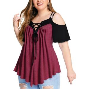 ROSE GAL Rosegal Women Plus Size Cold Shoulder Tee Lace-up Asymmetric Marled Short Sleeves Tee Open Shoulder Tunic Top(Red_1)