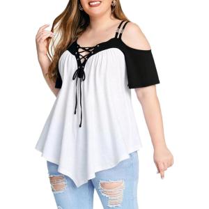 ROSE GAL Rosegal Women Plus Size Cold Shoulder Tee Lace-up Asymmetric Marled Short Sleeves Tee Open Shoulder Tunic Top(White_2)