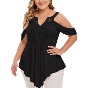 ROSE GAL Rosegal Women Plus Size Cold Shoulder Top Floral Applique Ruched Draped T-Shirt Open Shoulder Tunic Top(Black_1)