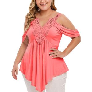 ROSE GAL Rosegal Women Plus Size Cold Shoulder Top Floral Applique Ruched Draped T-Shirt Open Shoulder Tunic Top(Orange_1)