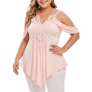 ROSE GAL Rosegal Women Plus Size Cold Shoulder Top Floral Applique Ruched Draped T-Shirt Open Shoulder Tunic Top(Pink_2)