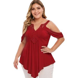 ROSE GAL Rosegal Women Plus Size Cold Shoulder Top Floral Applique Ruched Draped T-Shirt Open Shoulder Tunic Top(Red_1)