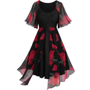 ROSE GAL Rosegal Women Plus Size Flower Print Chiffon Panel Knee Length Flowy Dress with Pockets(Black)