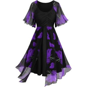 ROSE GAL Rosegal Women Plus Size Flower Print Chiffon Panel Knee Length Flowy Dress with Pockets(Purple)