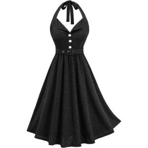 ROSE GAL Women Plus Size 1950s Vintage Halter Cocktail Swing Flower Jacquard Buttons Audrey Hepburn Retro Dress(Black_1)