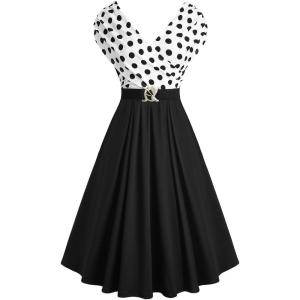 ROSE GAL Women Plus Size 1950s Vintage Retro V Neck Cocktail Swing Crossover Sleeveless Polka Dot Ruched Dress(Black_1)
