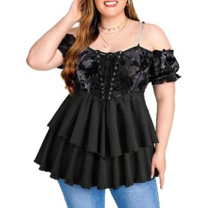 ROSE GAL Women Plus Size Elegant Summer Cold Shoulder Top Floral Flocking Lettuces Lace-up Layered Tunic T-Shirt(Black_1)