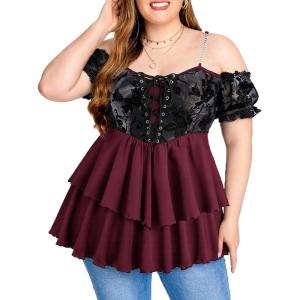 ROSE GAL Women Plus Size Elegant Summer Cold Shoulder Top Floral Flocking Lettuces Lace-up Layered Tunic T-Shirt(Red_1)
