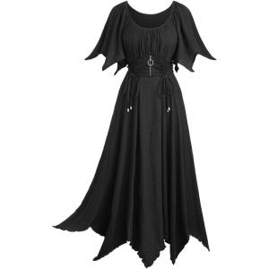 ROSE GAL Women Plus Size Medieval Renaissance Costume Victorian Dress Color Block Textured Bell Sleeve Dress(Black)