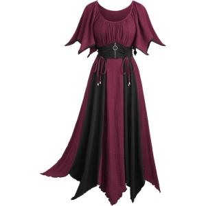 ROSE GAL Women Plus Size Medieval Renaissance Costume Victorian Dress Color Block Textured Bell Sleeve Dress(Red)