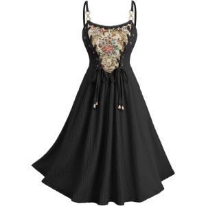 ROSE GAL Women Plus Size Renaissance Floral Lace-up Lace Panel Summer Cami Dress(Black_1)