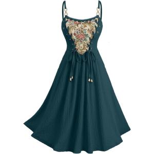 ROSE GAL Women Plus Size Renaissance Floral Lace-up Lace Panel Summer Cami Dress(Green_1)