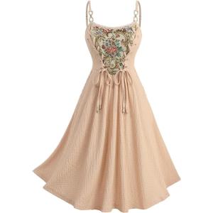 ROSE GAL Women Plus Size Renaissance Floral Lace-up Lace Panel Summer Cami Dress(Khaki_1)
