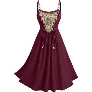 ROSE GAL Women Plus Size Renaissance Floral Lace-up Lace Panel Summer Cami Dress(Red_1)