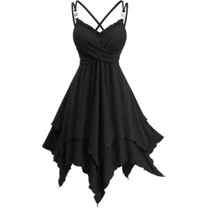 ROSE GAL Women Plus Size Sleeveless Cami Dress Textured Crinkly Layered Handkerchief Hem Midi Swing Dress(Black)