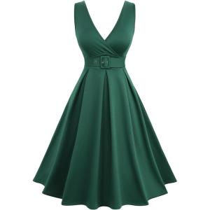 ROSE GAL Women Plus Size Sleeveless Plunging 1950 Vintage Swing Dress Solid Audrey Hepburn Dress(Green_1)
