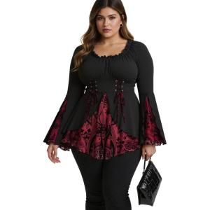ROSE GAL Womens Plus Size Flocking Floral Figure Print Lace Up Ruched Ruffles Long Bell Sleeves Flowy 2 in 1 Top(Black)
