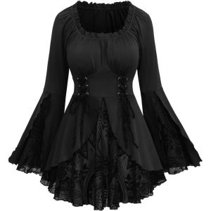 ROSE GAL Womens Plus Size Flocking Floral Figure Print Lace Up Ruched Ruffles Long Bell Sleeves Flowy 2 in 1 Top(Black_1)