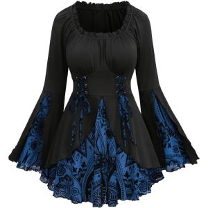 ROSE GAL Womens Plus Size Flocking Floral Figure Print Lace Up Ruched Ruffles Long Bell Sleeves Flowy 2 in 1 Top(Blue)