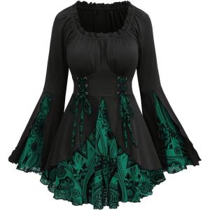 ROSE GAL Womens Plus Size Flocking Floral Figure Print Lace Up Ruched Ruffles Long Bell Sleeves Flowy 2 in 1 Top(Green)