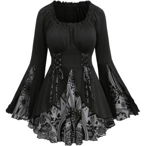 ROSE GAL Womens Plus Size Flocking Floral Figure Print Lace Up Ruched Ruffles Long Bell Sleeves Flowy 2 in 1 Top(Light Gray)