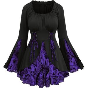 ROSE GAL Womens Plus Size Flocking Floral Figure Print Lace Up Ruched Ruffles Long Bell Sleeves Flowy 2 in 1 Top(Purple)