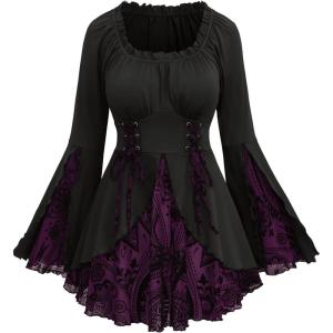 ROSE GAL Womens Plus Size Flocking Floral Figure Print Lace Up Ruched Ruffles Long Bell Sleeves Flowy 2 in 1 Top(Purple_1)
