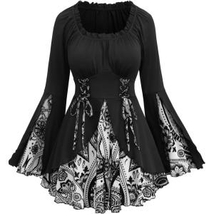 ROSE GAL Womens Plus Size Flocking Floral Figure Print Lace Up Ruched Ruffles Long Bell Sleeves Flowy 2 in 1 Top(White)