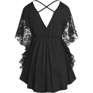 ROSE GAL Women’s Plus Size Flower Lace Butterfly Sleeve T Shirt Curve Flower Lace Summer Casual Tunic(Black-1)