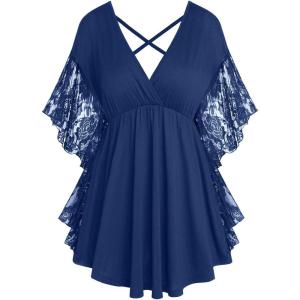ROSE GAL Women’s Plus Size Flower Lace Butterfly Sleeve T Shirt Curve Flower Lace Summer Casual Tunic(Blue)