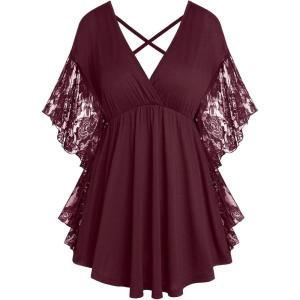 ROSE GAL Women’s Plus Size Flower Lace Butterfly Sleeve T Shirt Curve Flower Lace Summer Casual Tunic(Red)