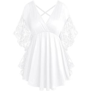 ROSE GAL Women’s Plus Size Flower Lace Butterfly Sleeve T Shirt Curve Flower Lace Summer Casual Tunic(White)