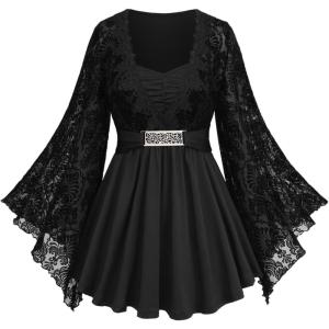 ROSE GAL Womens Plus Size Lace Applique Trim Ruched Buckle Flocking Floral Long Flare Sleeve 2 in 1 Flowy Top(Black)