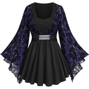 ROSE GAL Womens Plus Size Lace Applique Trim Ruched Buckle Flocking Floral Long Flare Sleeve 2 in 1 Flowy Top(Purple)