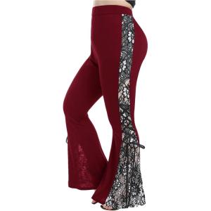 ROSE GAL Womens Plus Size Lace Insert Flare Pants High Waisted Stretchy Long Pants(Red_1)