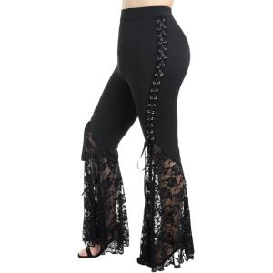 ROSE GAL Womens Plus Size Lace Panel Pull On Flare Pants with Lace-up(Black_4)