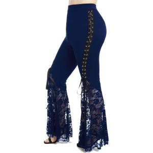 ROSE GAL Womens Plus Size Lace Panel Pull On Flare Pants with Lace-up(Blue_1)